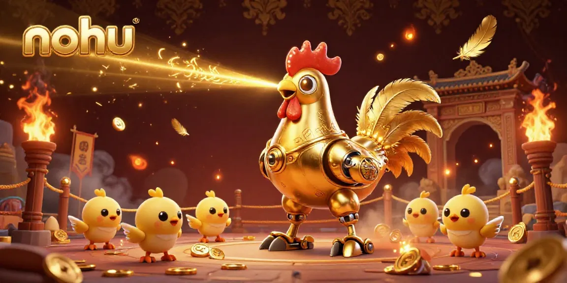 Nohu-themed casino illustration with a golden rooster robot, vibrant gaming elements, and dynamic atmosphere.