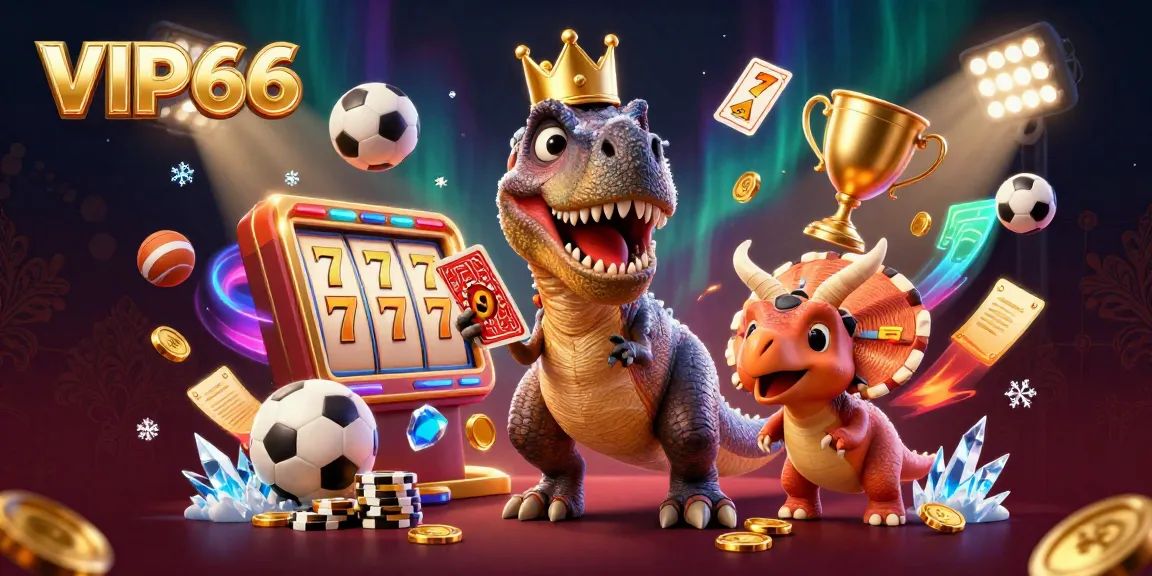 Watch a T-Rex shuffle cards and a baby triceratops stack chips in an immersive VIP66 casino illustration.