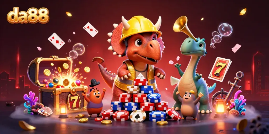 Celebrate poker wins with da88 in a vibrant cartoon scene showcasing game elements and cheerful characters.