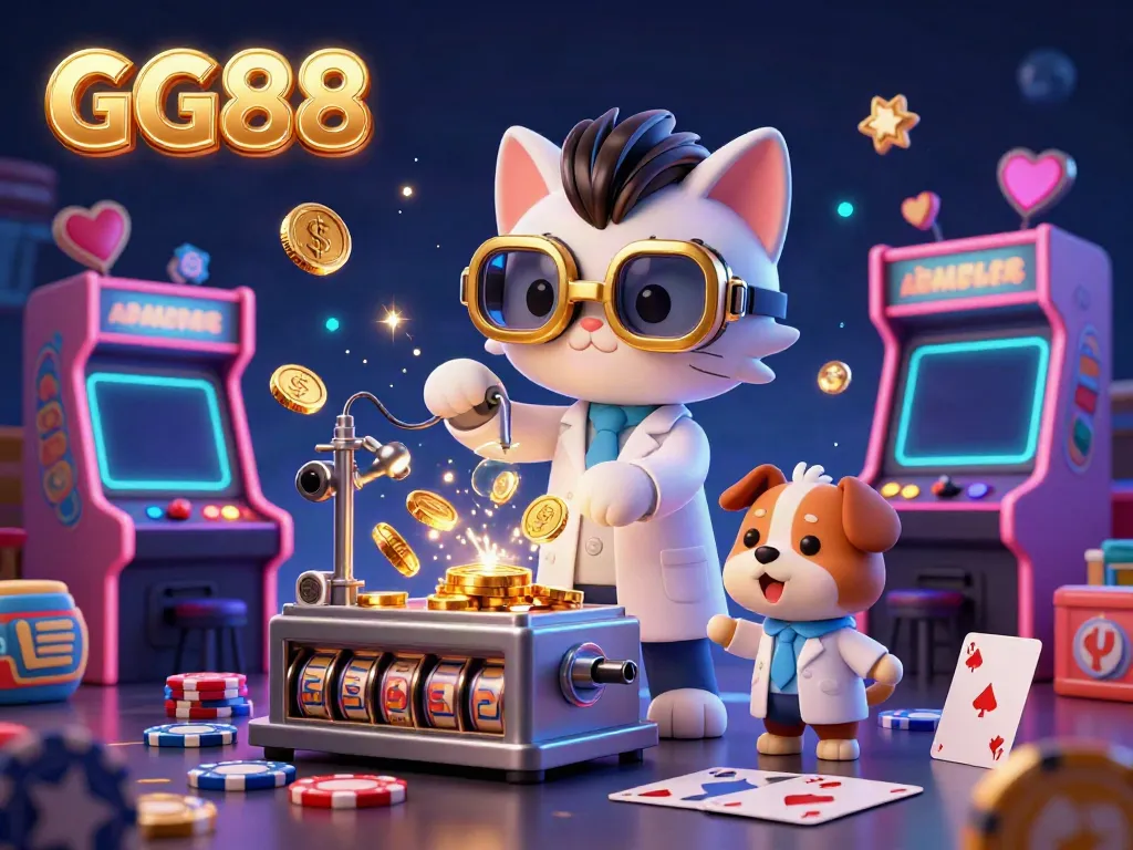 Experience the excitement of GG88's casino games through a vibrant 3D illustration of a mad scientist cat and dog in a casino lab.