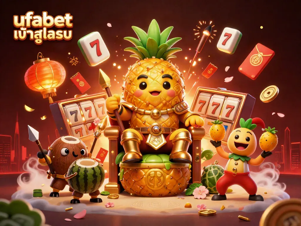 Experience the excitement of ufabet เข้าสู่ระบบ with a colorful 3D casino scene featuring a golden pineapple king and dynamic game elements.