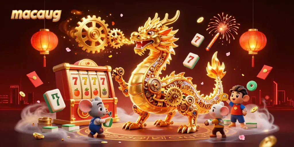 Experience excitement with macaugg: a vibrant 3D dragon and casino elements illustration.