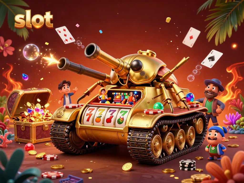 Experience thrilling slot gameplay in a vibrant casino scene with golden beetle tank and confetti cannon.