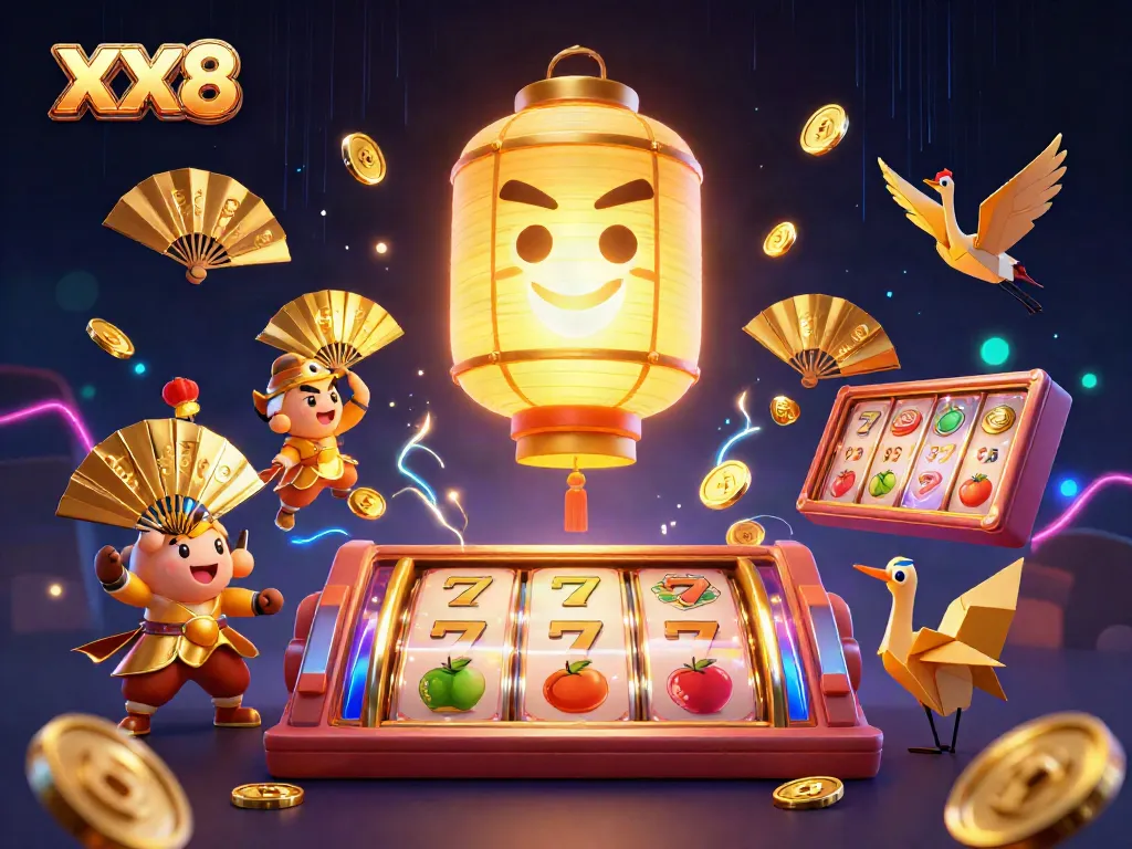 Experience the excitement of XX8's casino with golden lantern spirit, slot reels, and vibrant energy.