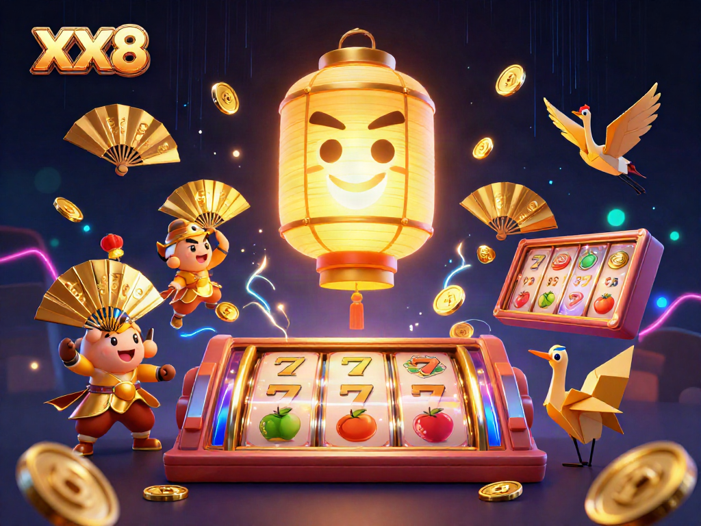 Experience the excitement of XX8's casino with golden lantern spirit, slot reels, and vibrant energy.