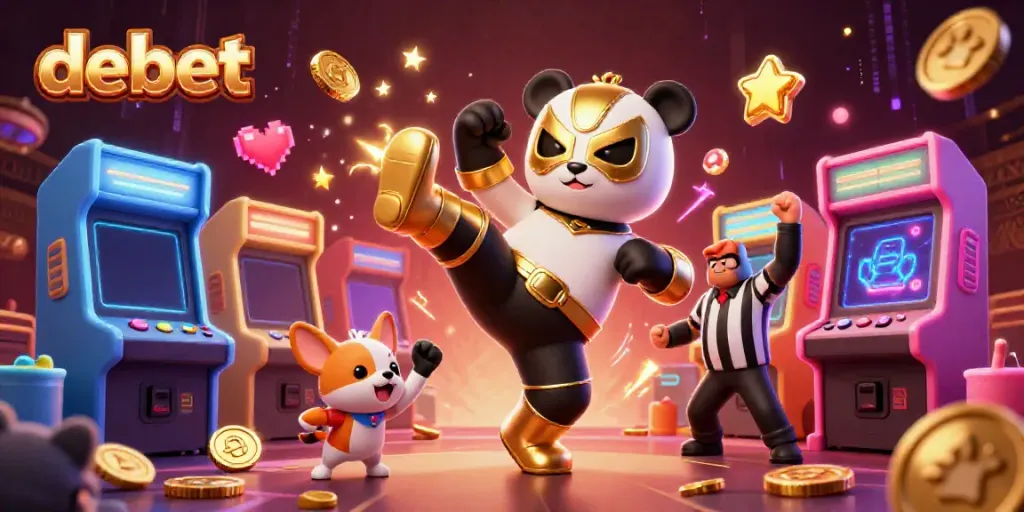 Wrestler panda and referee chihuahua in vibrant debet-themed casino scene with lively animal crowd.