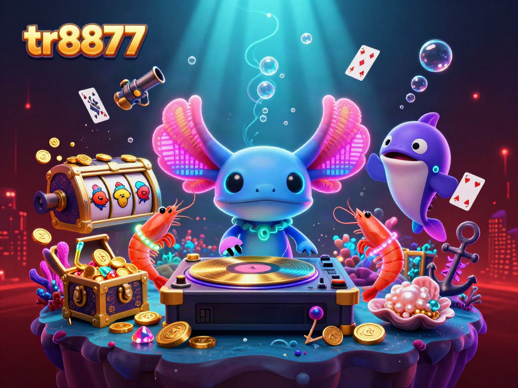 Spinning wins in tr8877's vibrant underwater casino with neon characters and underwater treasures