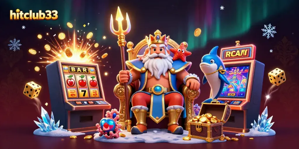 Experience thrilling gameplay at hitclub33 with Neptune and a vibrant slot machine bursting with coins.