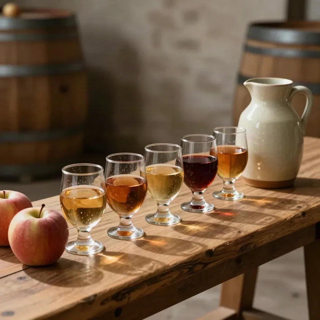Six amber cider tastings with apples and a ceramic jug on an oak bench.