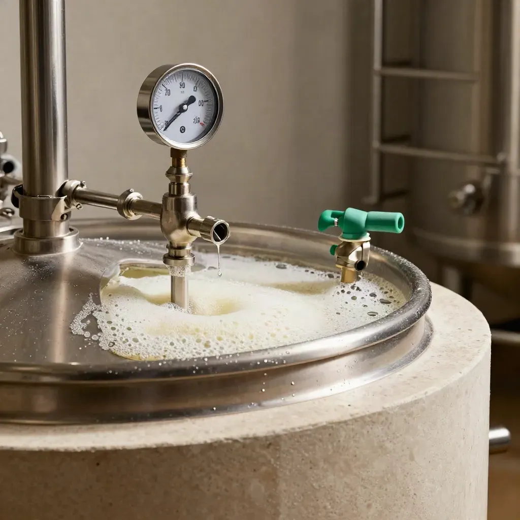 Ferment tank with bubbling airlock, thermometer, and lively foam line in a cider cellar.