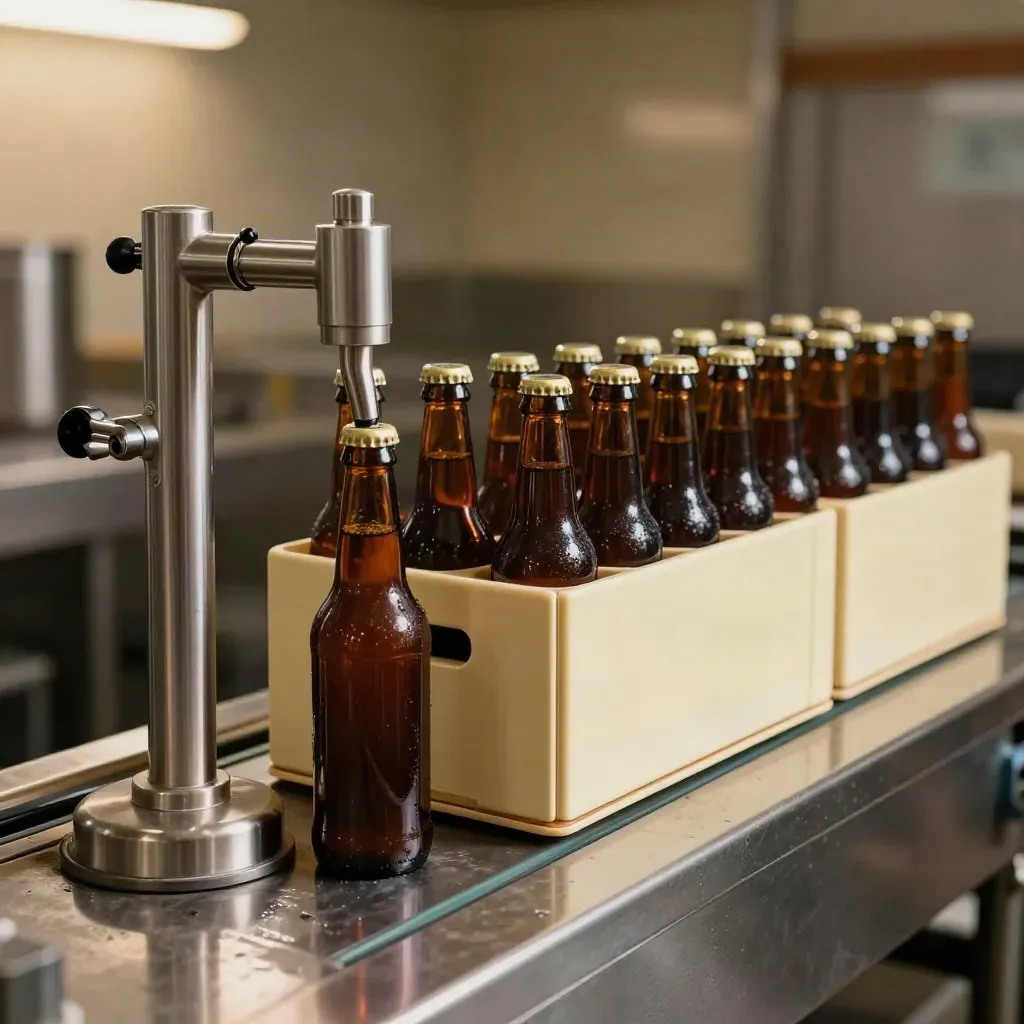 Brown cider bottles clearing a bottling filler beside crate dividers and misty stainless machinery.