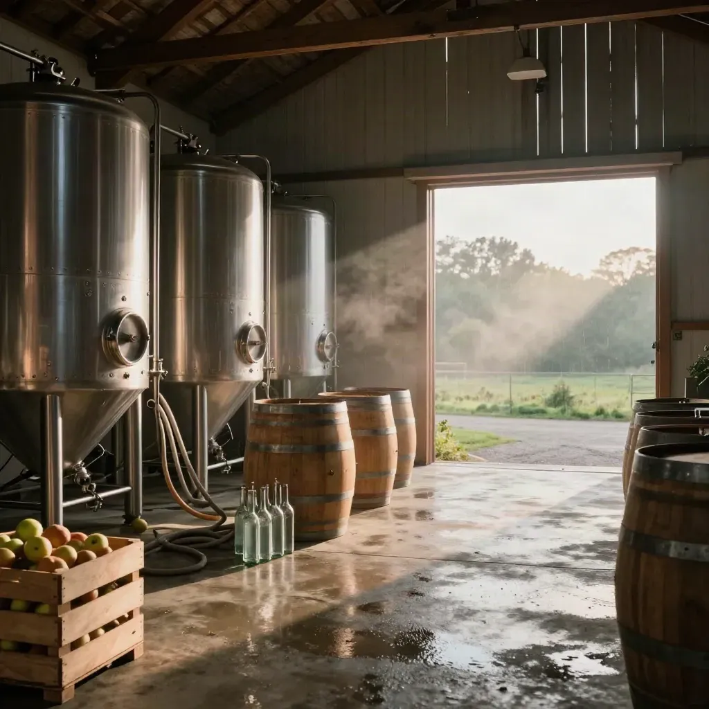 Rainlit barn cidery with fermenters, oak barrels, crates, hoses, and bottles glowing at the doorway.