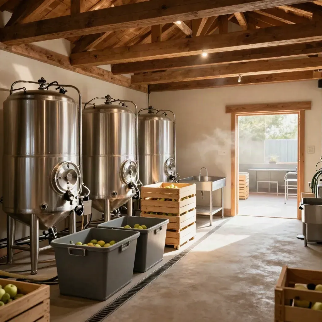 Timber-framed cidery room with stainless tanks, fruit crates, and clean workflow