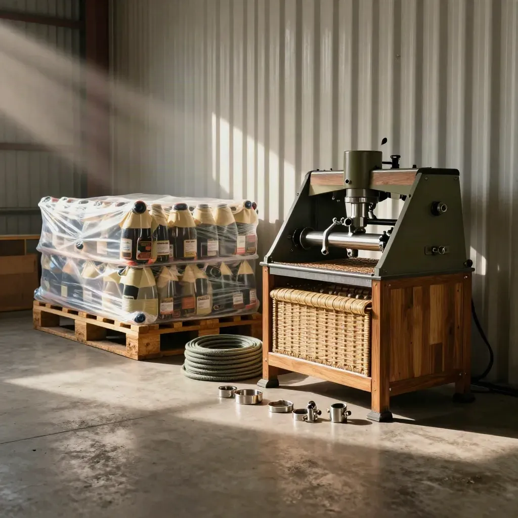 Warehouse corner with basket press, stainless fittings, hose coils, and palletized cider equipment.