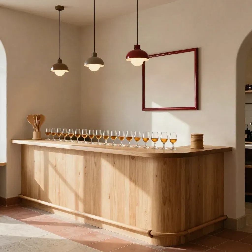 Guest-ready cider tasting room corner with oak bar, glassware, flight paddles, and a blank sign frame.