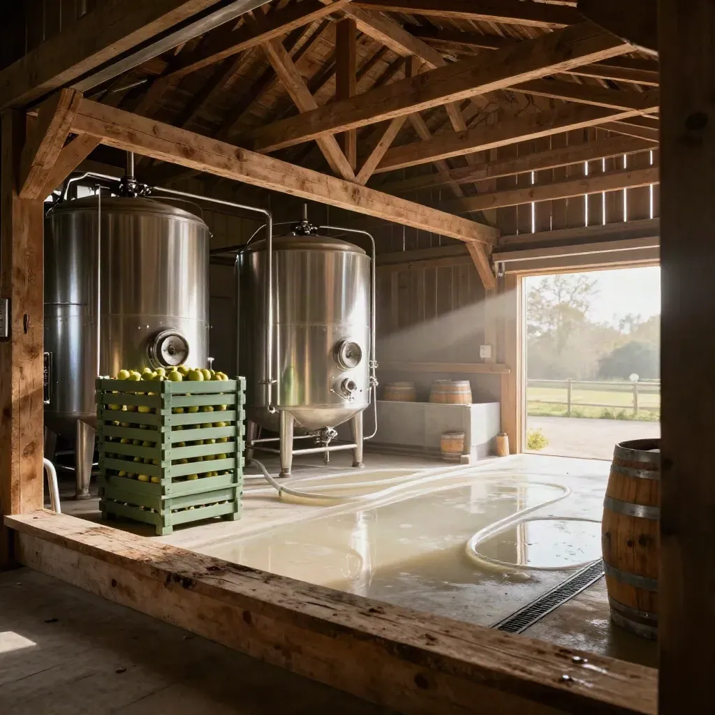 Barn-to-cidery interior with tanks, bins, barrel stacks and a polished wash zone.