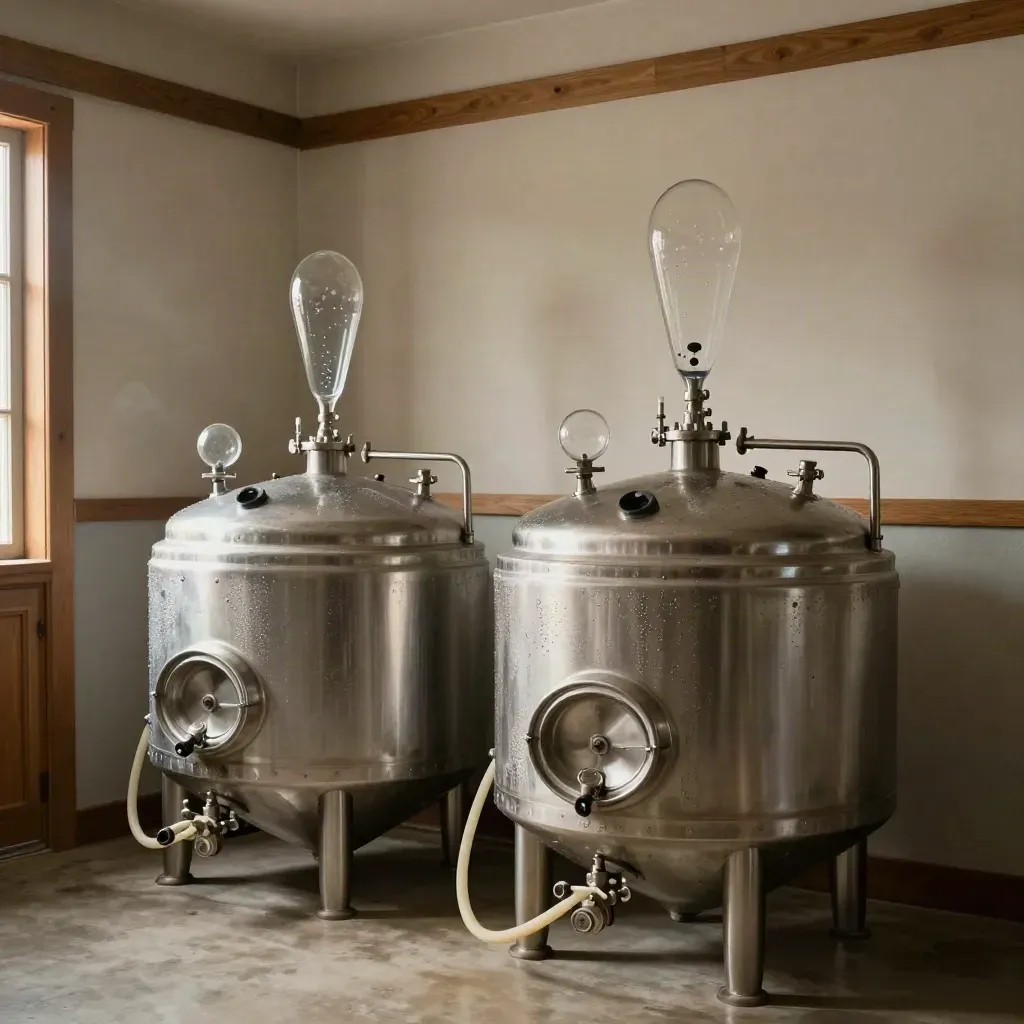Two stainless cider fermenters in a quiet cidery bay, cream accents, soft daylight