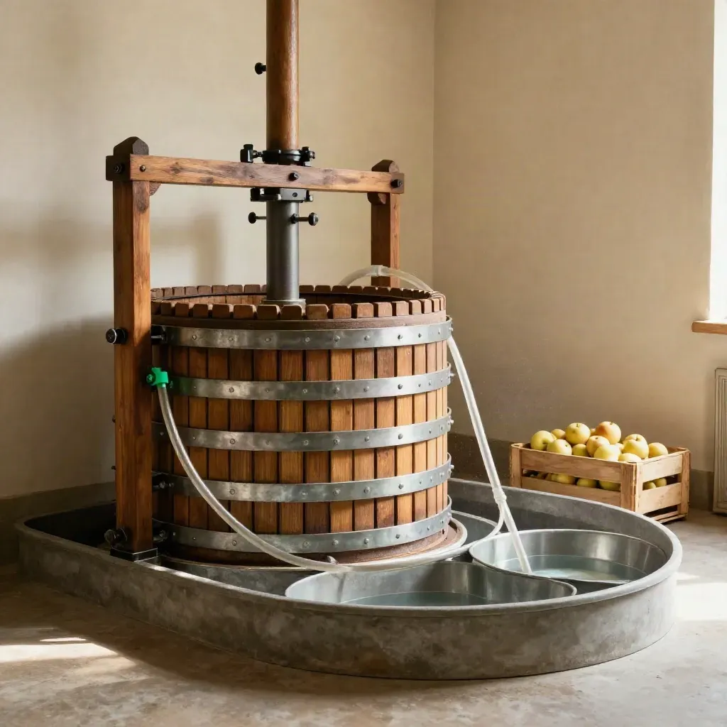 Basket press installed in a compact cidery room with hoses, trays, and pomace bins