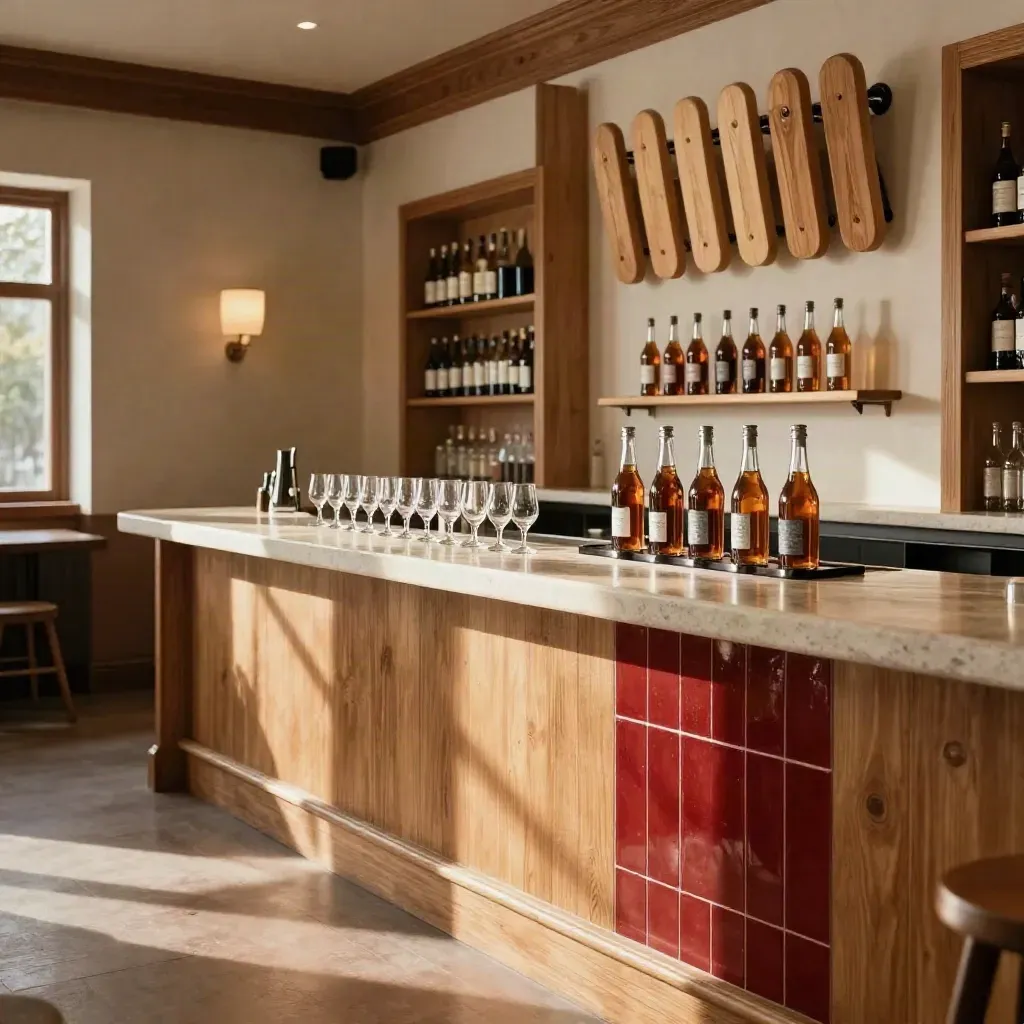 Warm cider taproom wall with flight paddles, glassware, and bottle displays in soft window light