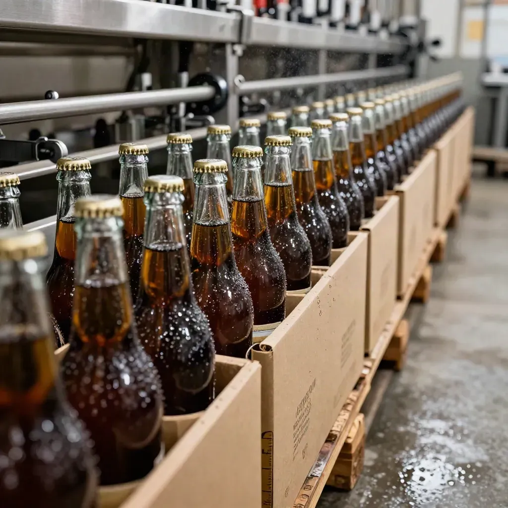 Macro of cider bottles flowing into cases on a bottling lane with bright reflections