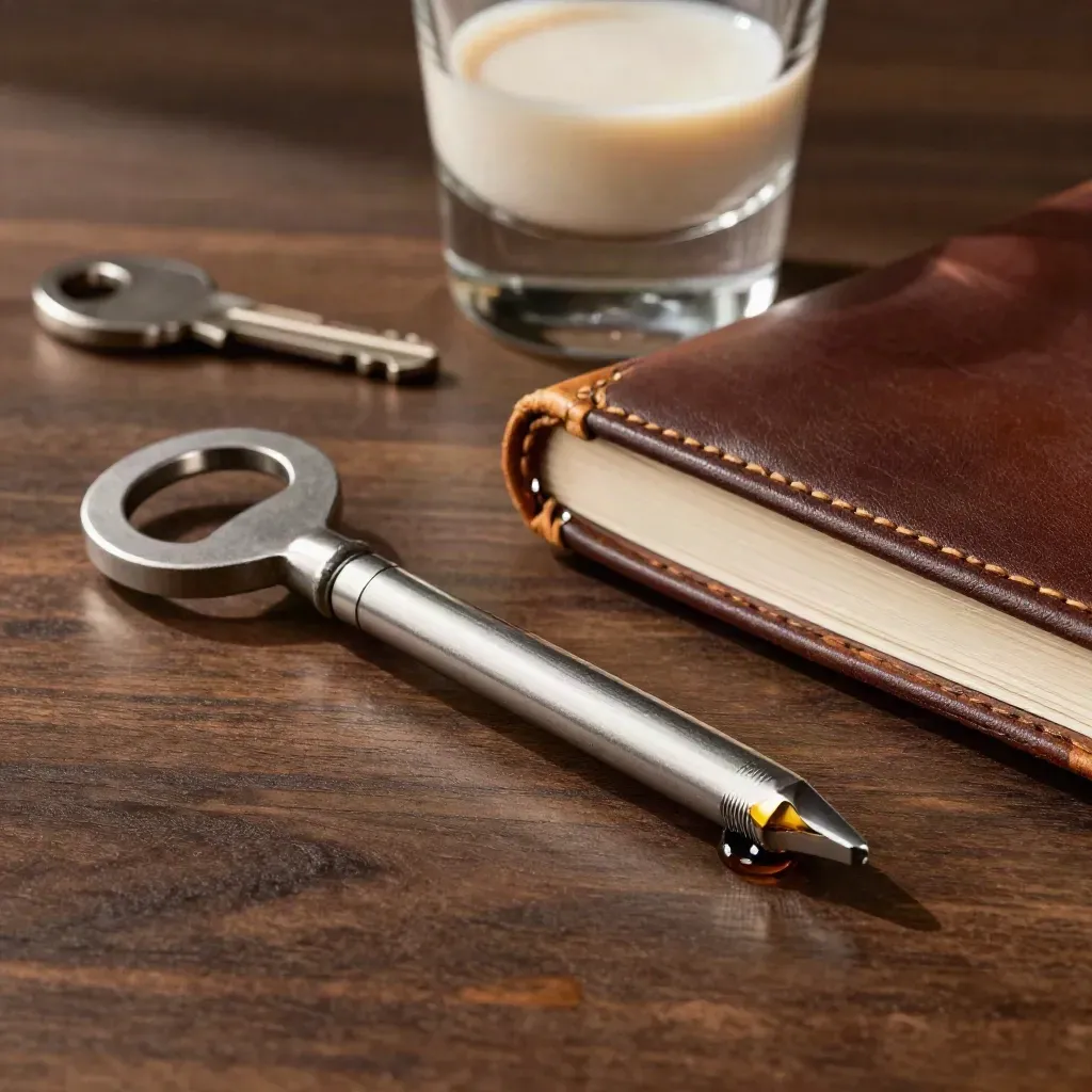 Sample thief, tasting glass and leather cellar notebook on dark wood, lit by hard upper-left light