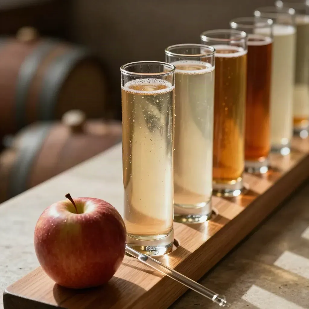 Glass cider samples, apple and pipette on an oak tasting rail, lit in a macro side view.