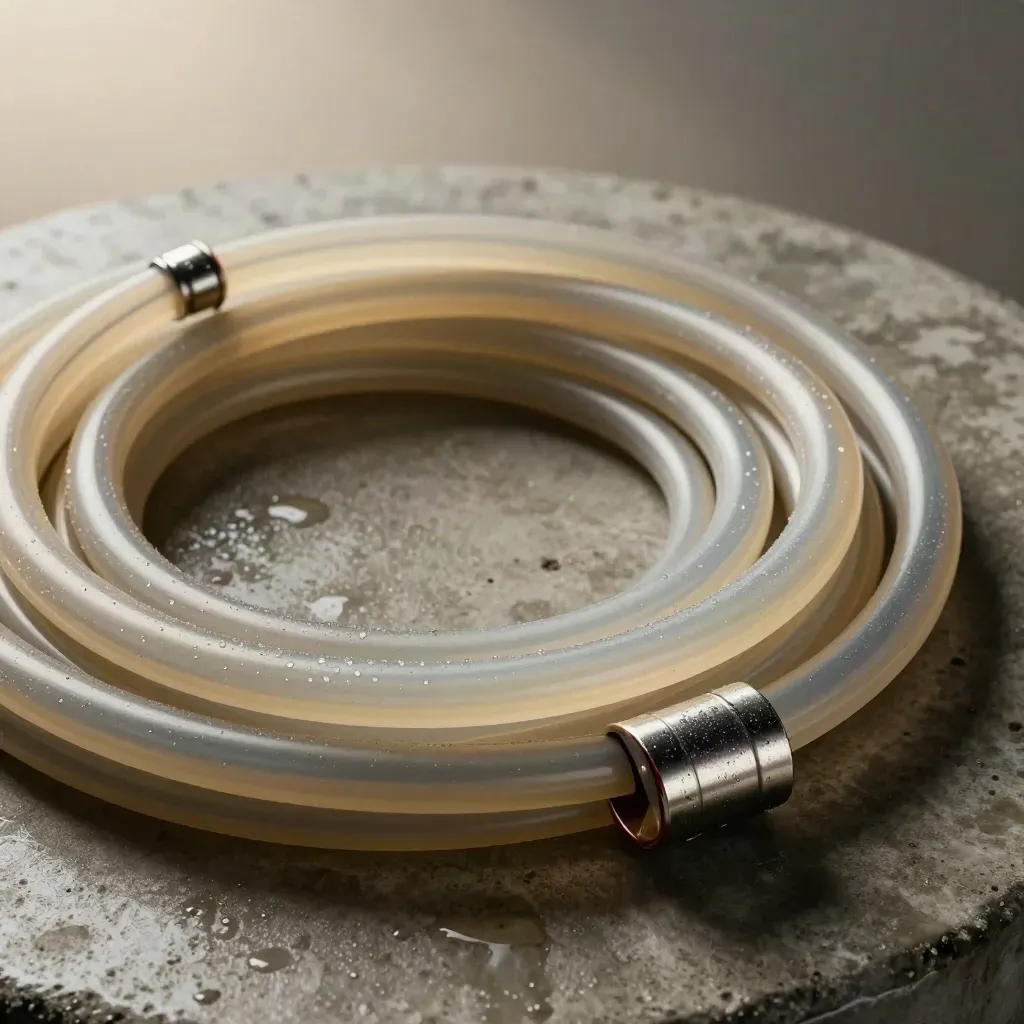 Coiled cider hose, thermowell, gasket rings and steel tank collar in cool cellar light.