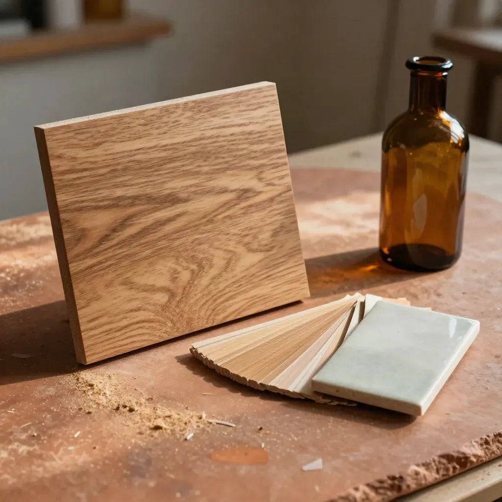 Oak sign panel with veneer swatches, tile chip, and bottle-neck silhouette on a workshop slab.