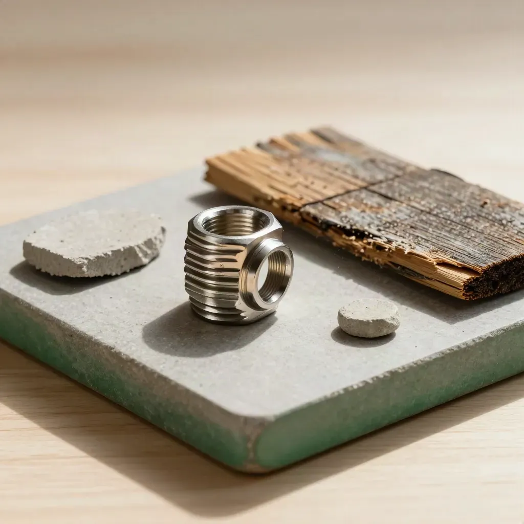 Tri-clamp ferrule, concrete chip, cedar shingle and stone spacer on a matte tray, overhead