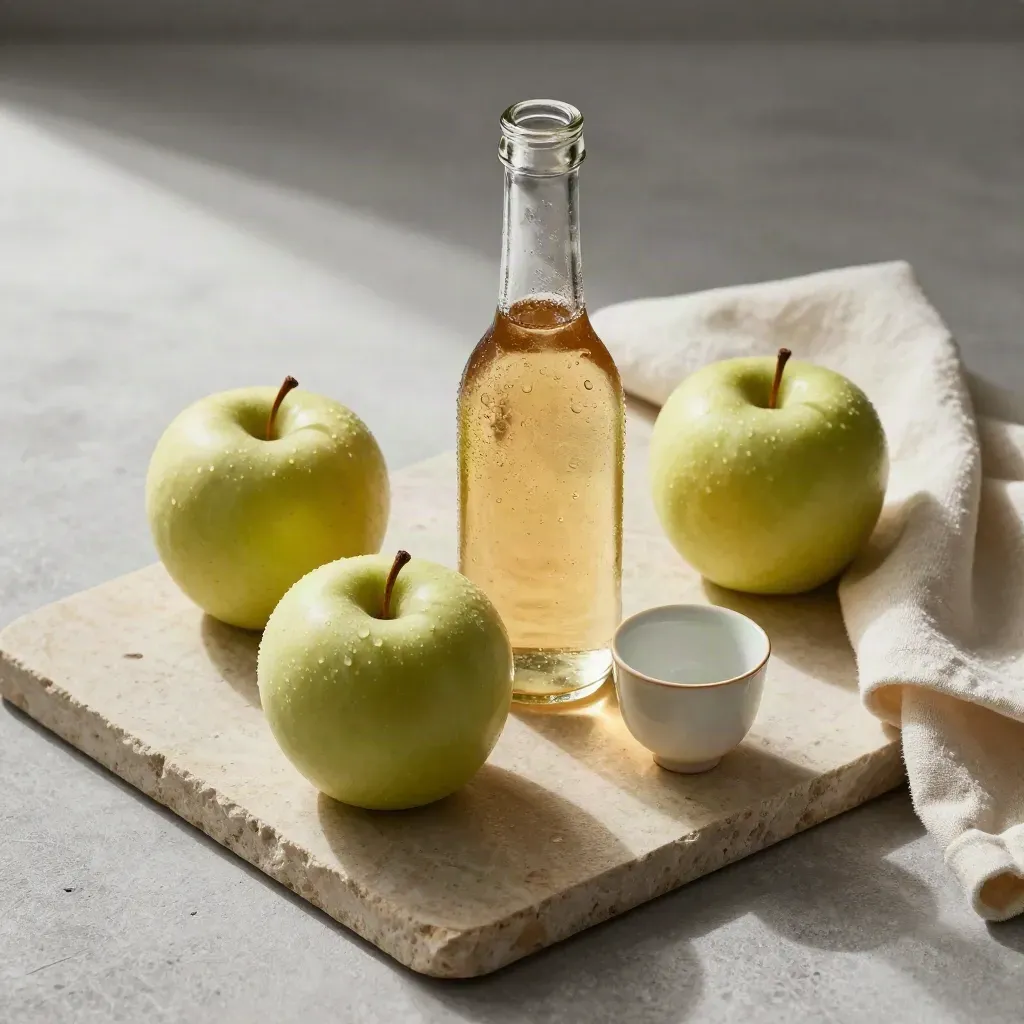 Three cider apples, a condensation-flecked sample bottle, and tasting cup on pale stone.