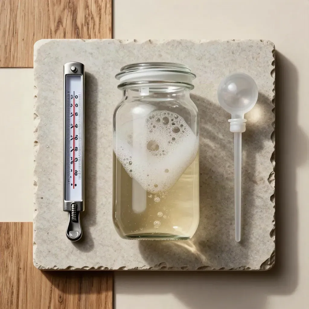 Overhead flatlay of a sample jar, thermometer, and airlock on stone with mist