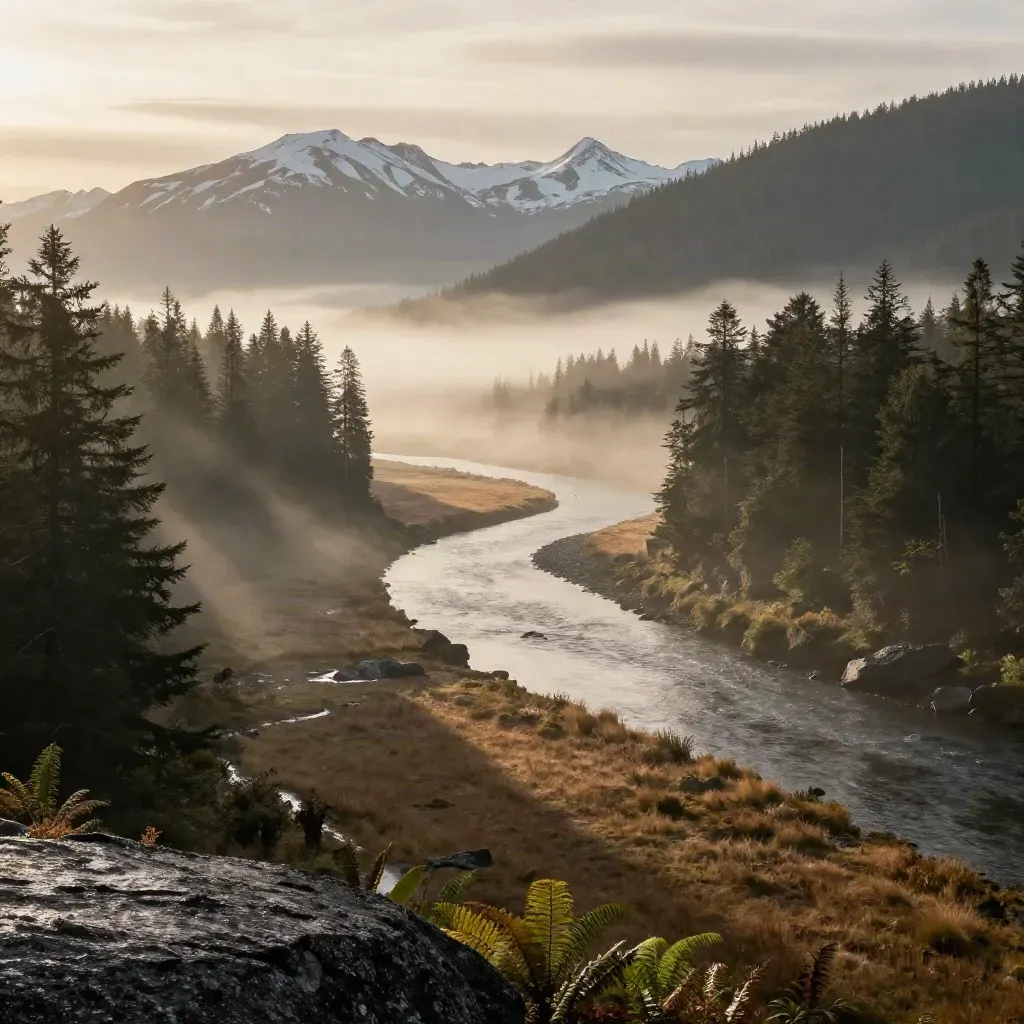 Misty Pacific Northwest river valley with cedar ridges and snow peaks at dawn