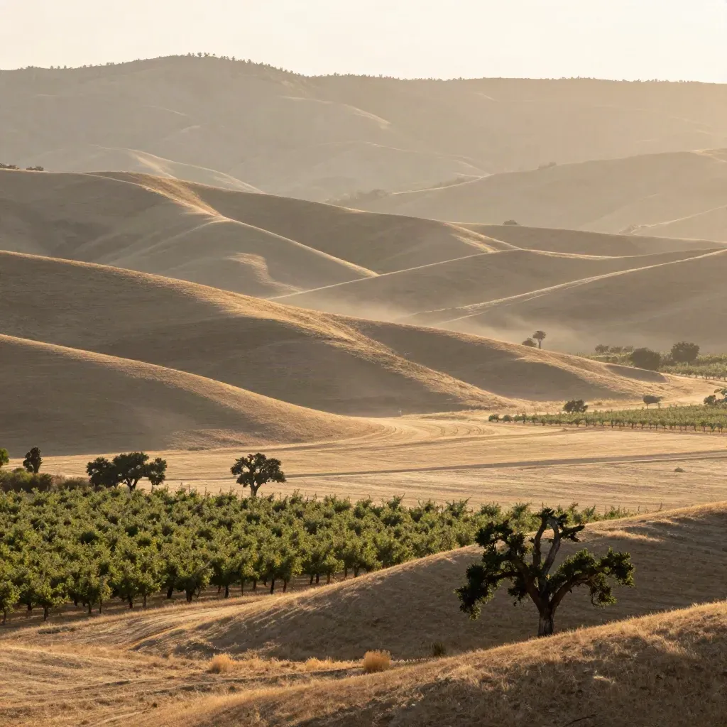 Golden Northern California orchard hills with hazy valley floor and pale mountains