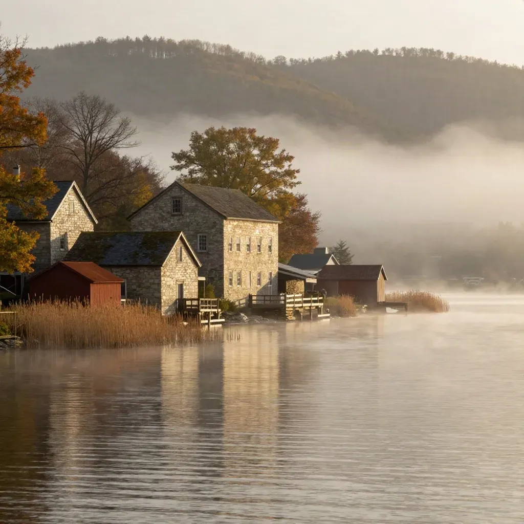 Stone mills and autumn mist over a calm Northeast lake shoreline at dawn