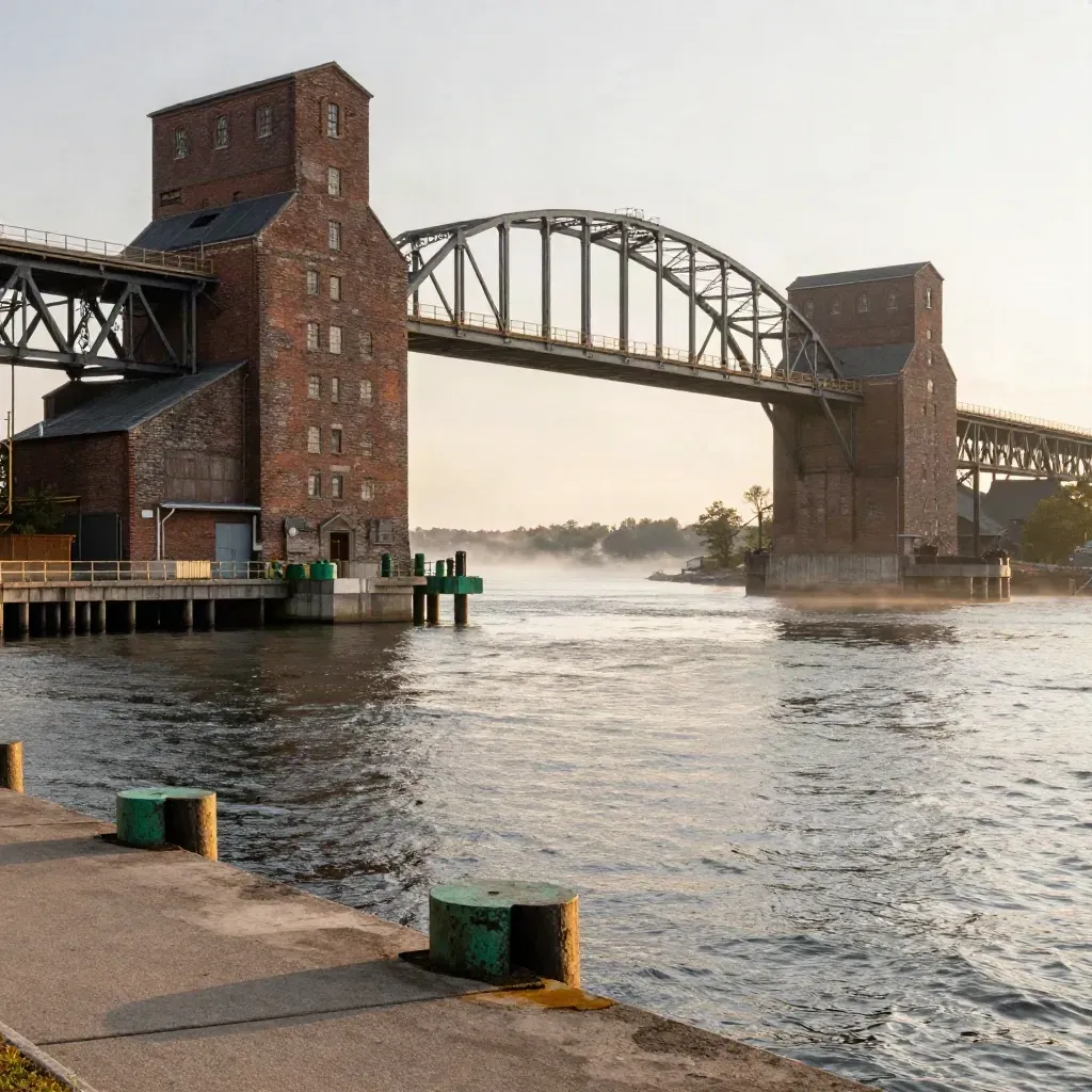 Steel bridge and brick grain elevators above calm Great Lakes water in soft haze