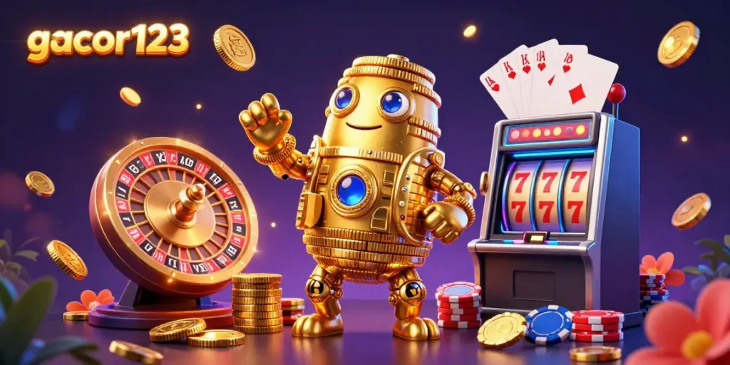 Experience the excitement of gacor123 with a dynamic 3D illustration showcasing golden golems and casino elements.