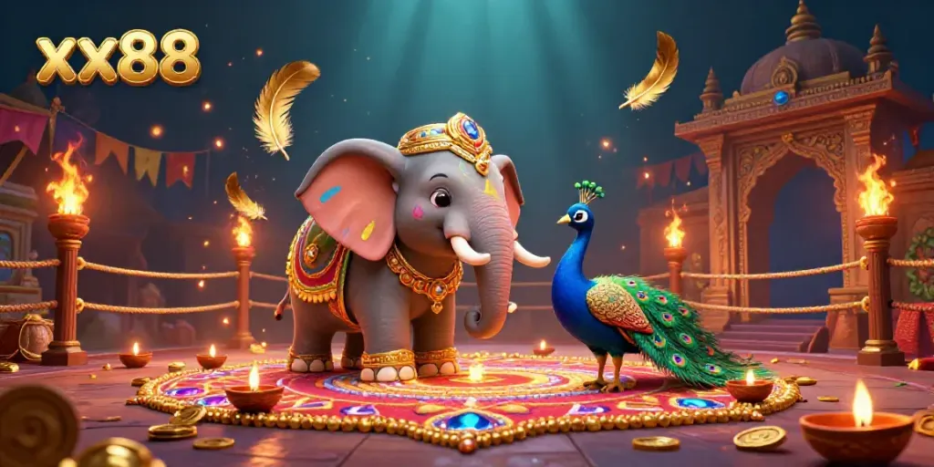 Experience winning moments at xx88 with a colorful scene of a winsome elephant and peacock surrounded by casino elements.