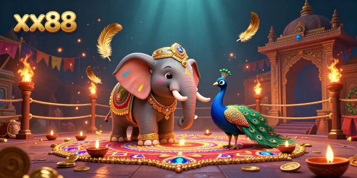 Experience winning moments at xx88 with a colorful scene of a winsome elephant and peacock surrounded by casino elements.