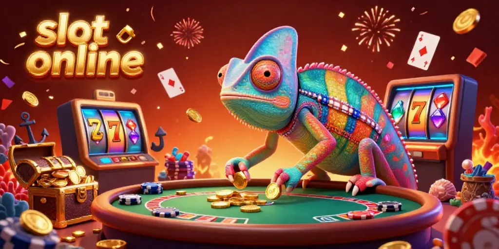 Engage with slot online excitement through vibrant, dynamic visual illustration of a chameleon casino owner.
