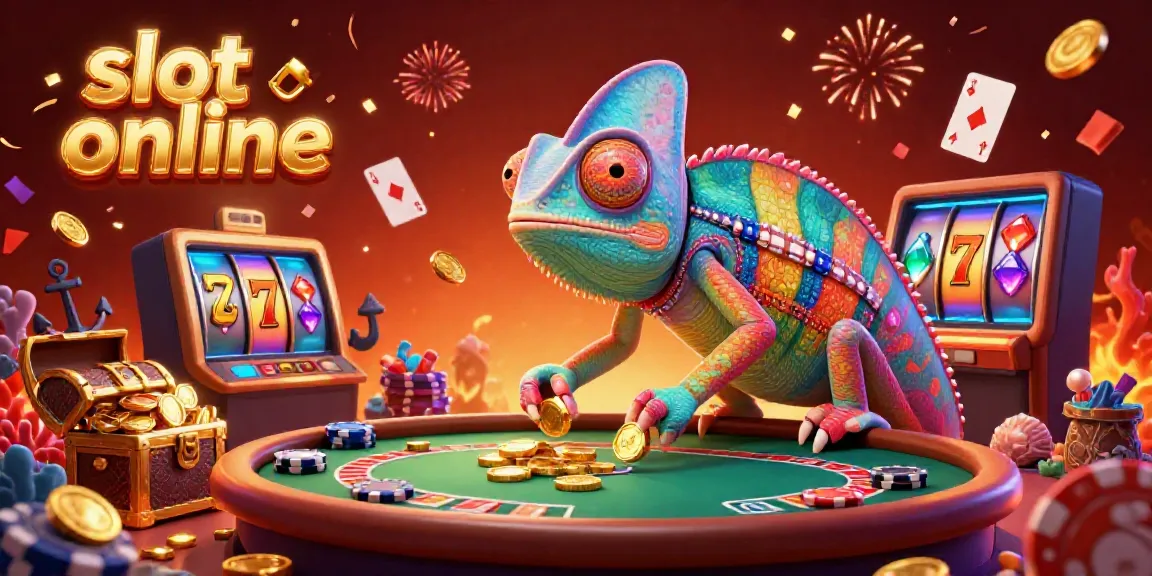 Engage with slot online excitement through vibrant, dynamic visual illustration of a chameleon casino owner.