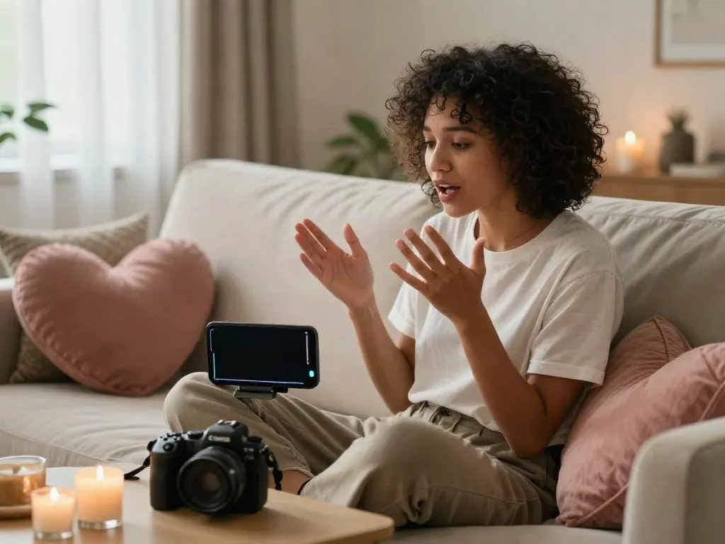 Engaging in AI sexting on a smartphone in a cozy atmosphere.