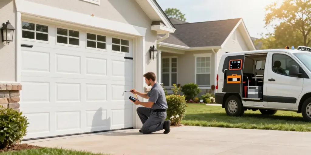 Technician diagnosing a garage door not working in a sunny suburban driveway.