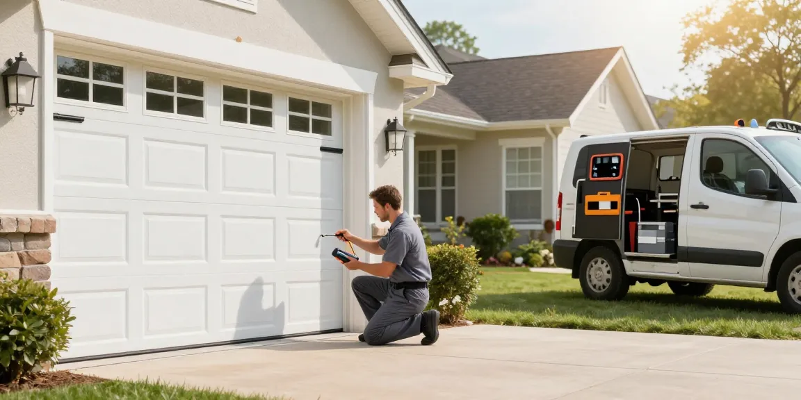 Technician diagnosing a garage door not working in a sunny suburban driveway.