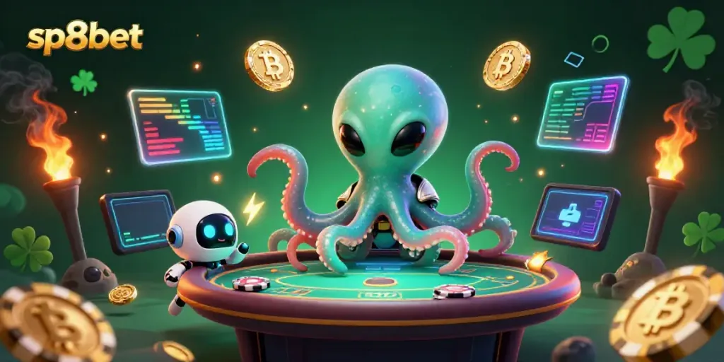 Experience thrilling poker action with sp8bet's alien scenes and vibrant crypto elements.