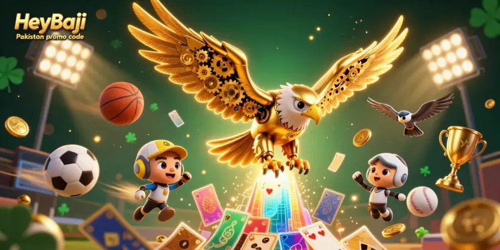 Experience exclusive rewards with the HeyBaji Pakistan promo code, featuring a dynamic 3D scene of casino elements.