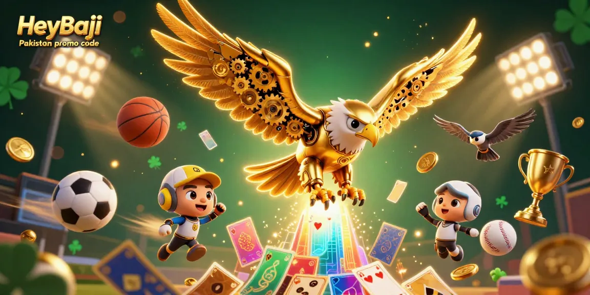 Experience exclusive rewards with the HeyBaji Pakistan promo code, featuring a dynamic 3D scene of casino elements.