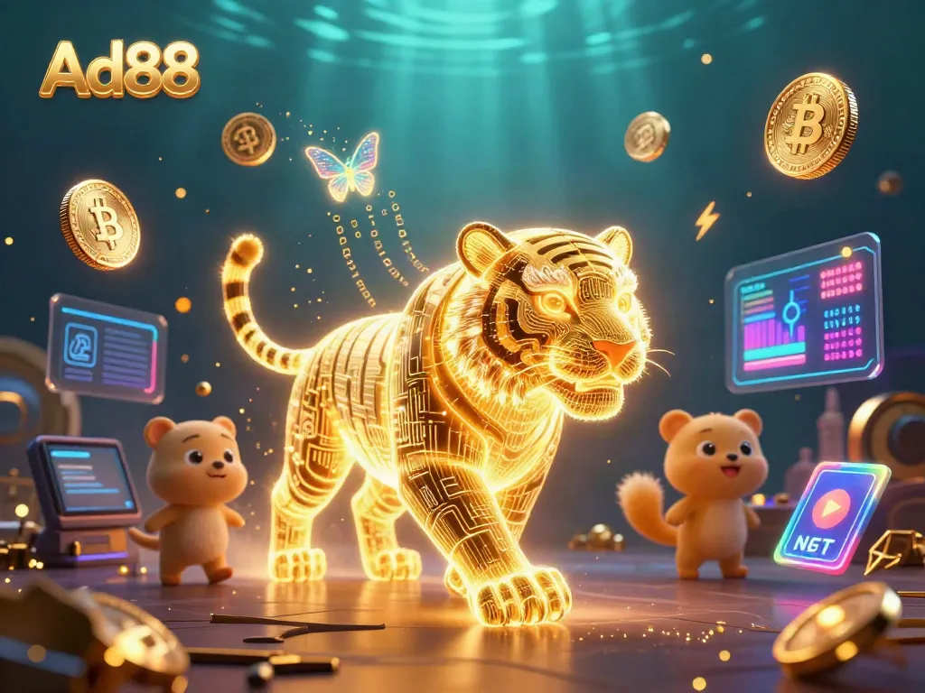 Experience the thrill of Ad88 with a neon-wireframe tiger amidst a vibrant digital casino.
