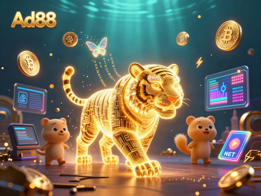 Experience the thrill of Ad88 with a neon-wireframe tiger amidst a vibrant digital casino.