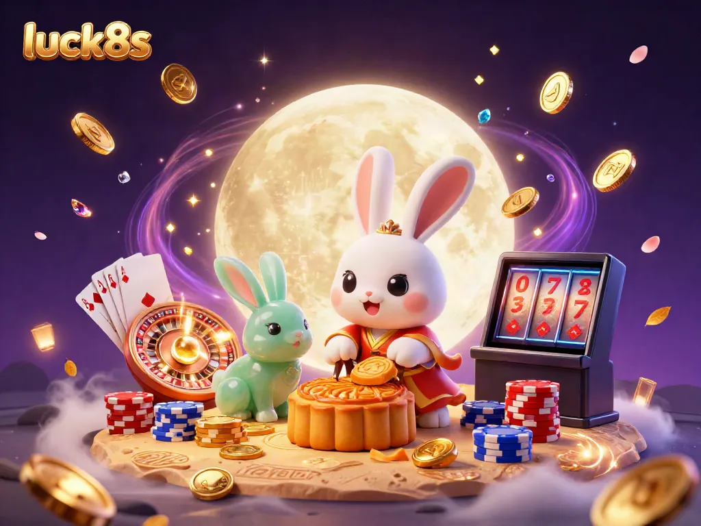 Experience luck8s gaming with a casino moon rabbit surrounded by vibrant poker chips and magical elements.