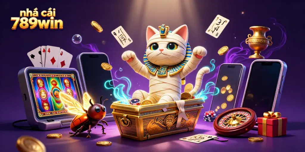Play exciting casino games with nhà cái 789win, featuring a vibrant 3D scene of a mummy cat and casino elements.